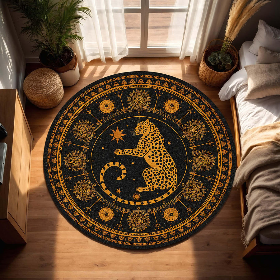 Celestial Leopard Round Rug, Black Gold Zodiac Mandala Carpet, Boho Mystical Sun Moon Animal Art, Living Room Bedroom Home Decor Rug