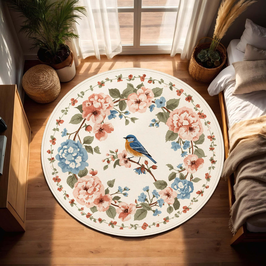 Round Floral Bird Rug, Vintage Bluebird Garden Area Rug, Cottagecore Pastel Flower Carpet for Living Room, Bedroom, Nursery Decor Home