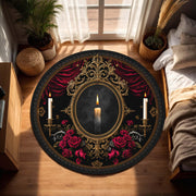 Gothic Round Area Rug with Candle and Roses, Dark Victorian Baroque Circle Carpet, Red Black Gold Living Room Decor, Occult Romantic Gift