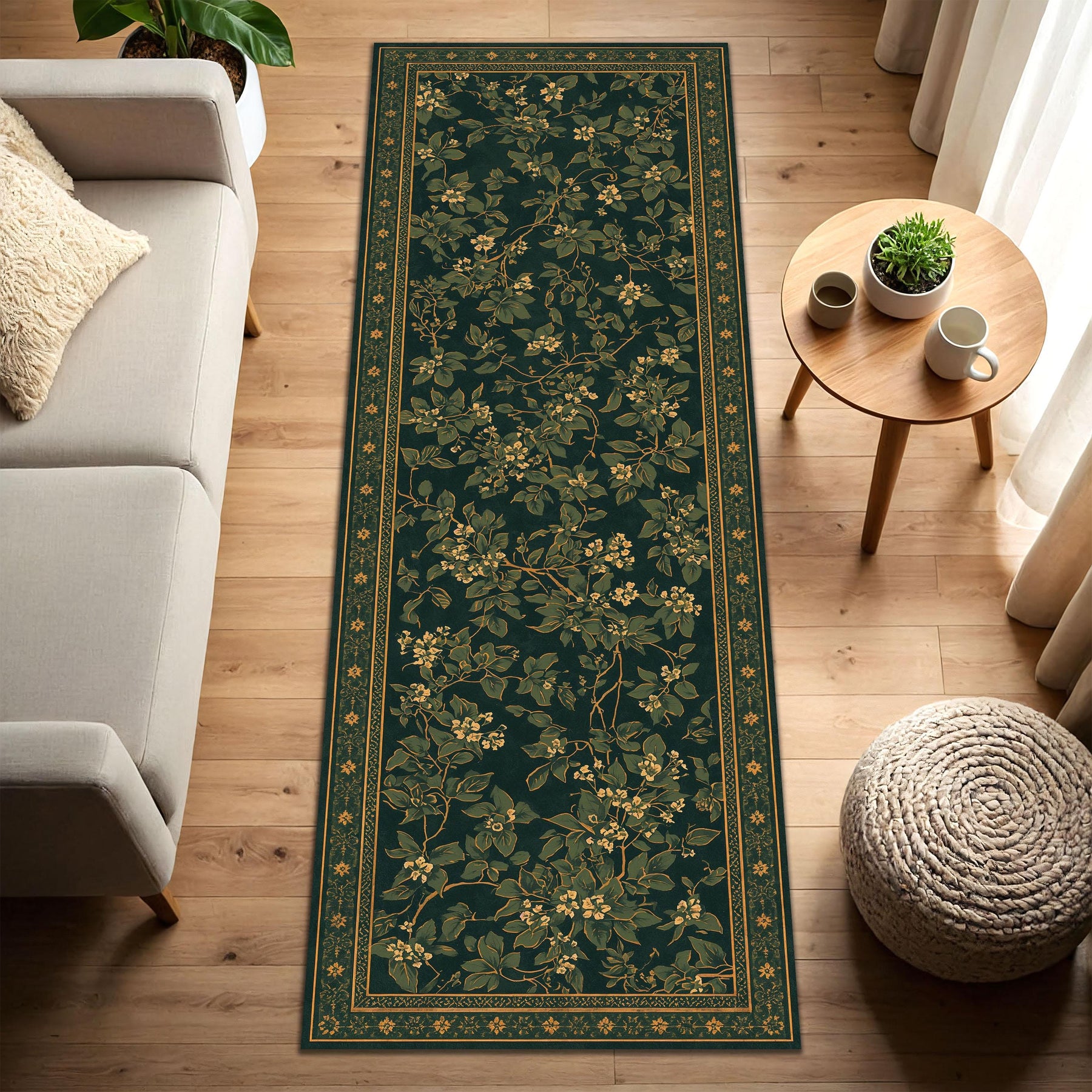 Dark Blue Floral Runner Rug, Vintage Botanical Vine Pattern, Non-Slip Hallway Kitchen Carpet, Traditional Border Home Decor, Entryway Gift