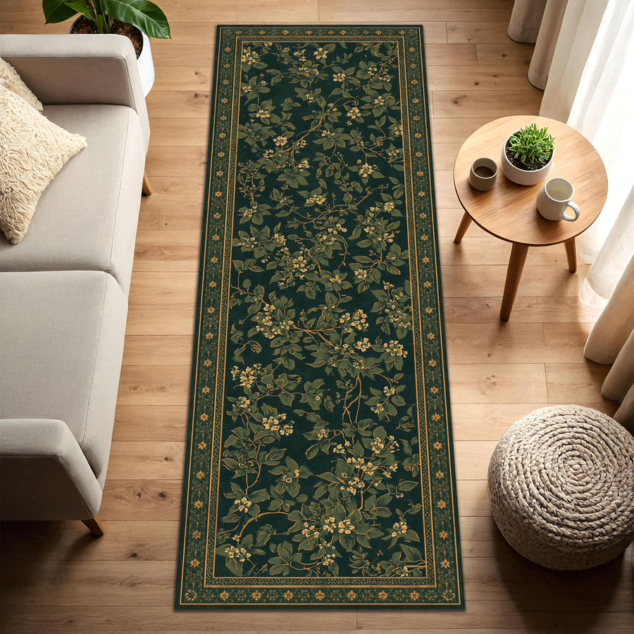 Dark Blue Floral Runner Rug, Vintage Botanical Vine Pattern, Non-Slip Hallway Kitchen Carpet, Traditional Border Home Decor, Entryway Gift