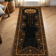 Black & Gold Lotus Rug Runner, Boho Mandala Hallway Runner, Celestial Starry Yoga Meditation Decor, Gothic Vintage Floor Mat, Entry Accent