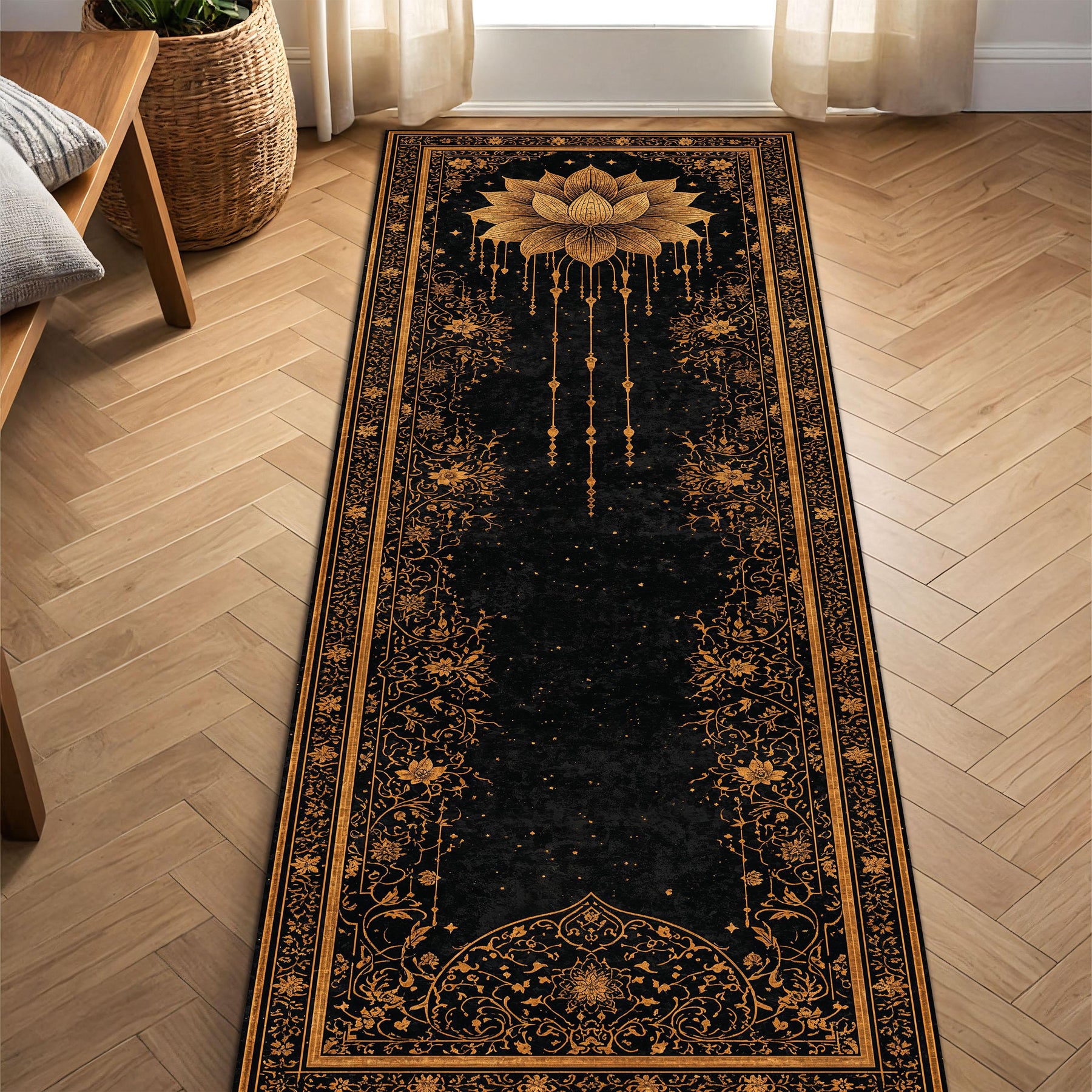 Black & Gold Lotus Rug Runner, Boho Mandala Hallway Runner, Celestial Starry Yoga Meditation Decor, Gothic Vintage Floor Mat, Entry Accent