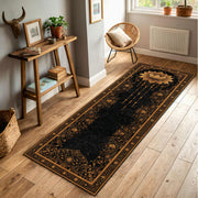 Black & Gold Lotus Rug Runner, Boho Mandala Hallway Runner, Celestial Starry Yoga Meditation Decor, Gothic Vintage Floor Mat, Entry Accent