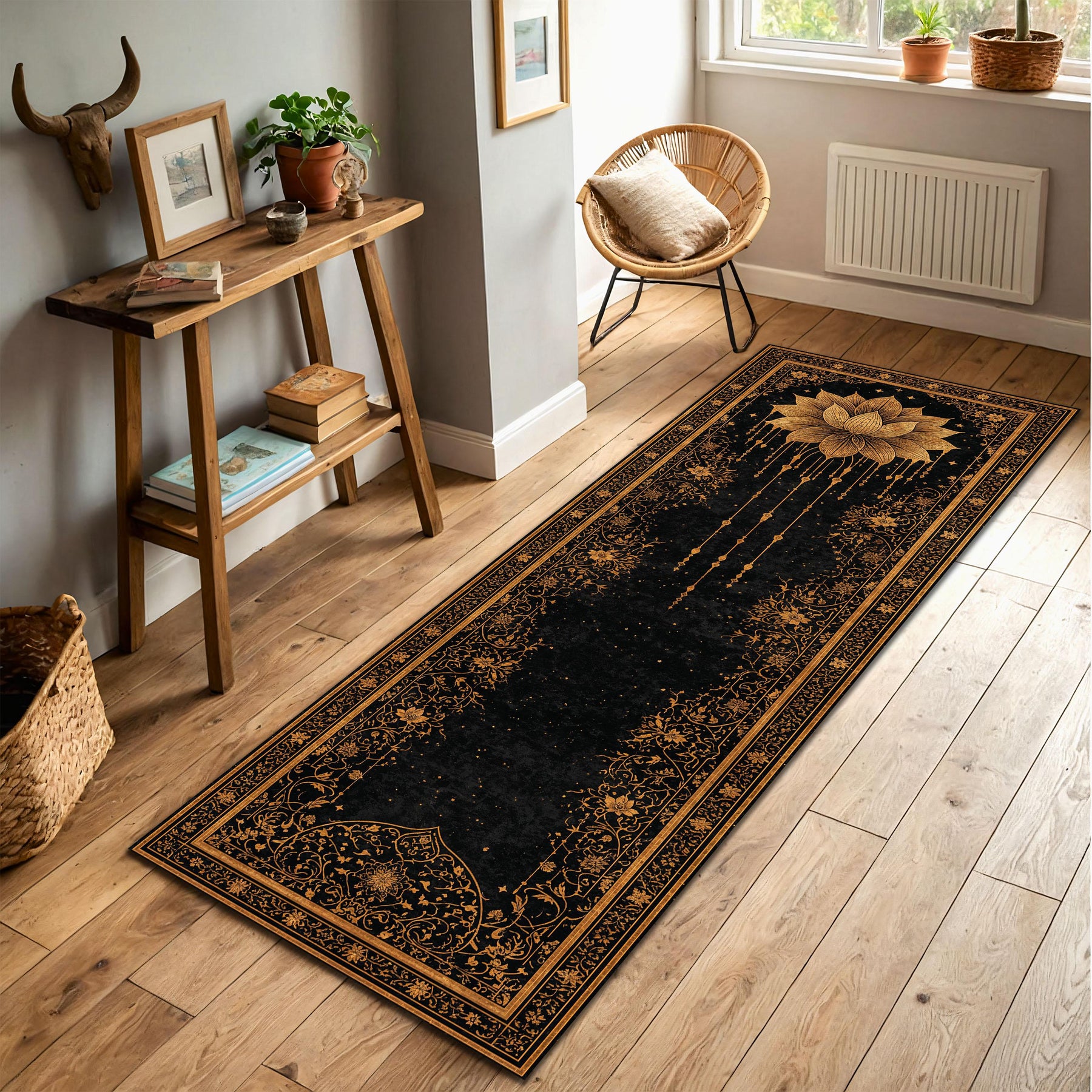 Black & Gold Lotus Rug Runner, Boho Mandala Hallway Runner, Celestial Starry Yoga Meditation Decor, Gothic Vintage Floor Mat, Entry Accent