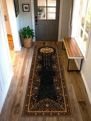 Black & Gold Lotus Rug Runner, Boho Mandala Hallway Runner, Celestial Starry Yoga Meditation Decor, Gothic Vintage Floor Mat, Entry Accent