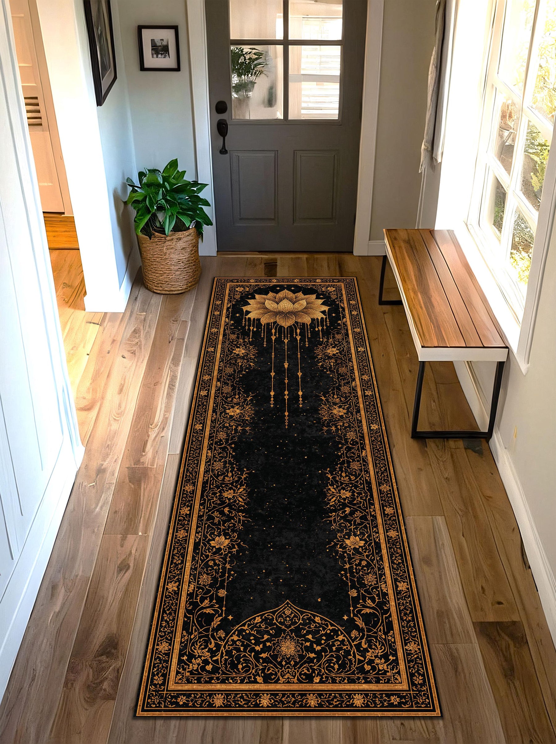 Black & Gold Lotus Rug Runner, Boho Mandala Hallway Runner, Celestial Starry Yoga Meditation Decor, Gothic Vintage Floor Mat, Entry Accent