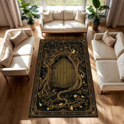 Enchanted Forest Door Area Rug, Gothic Fairy Tale Tree Carpet, Black Gold Mystical Living Room Decor, Fantasy Doorway Floor Mat Rug