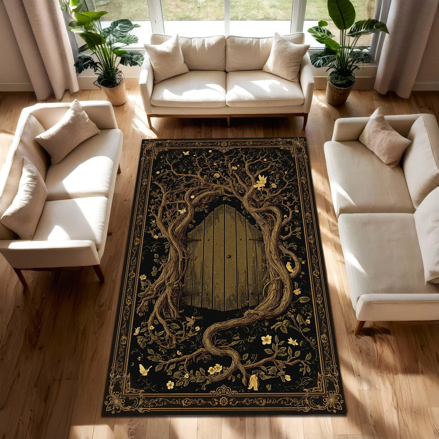 Enchanted Forest Door Area Rug, Gothic Fairy Tale Tree Carpet, Black Gold Mystical Living Room Decor, Fantasy Doorway Floor Mat Rug