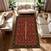 Medieval Sword Area Rug, Red Floral Fantasy Carpet, Gothic Living Room Decor, Heroic Knight Themed Floor Mat, Fantasy Style Unique Gift