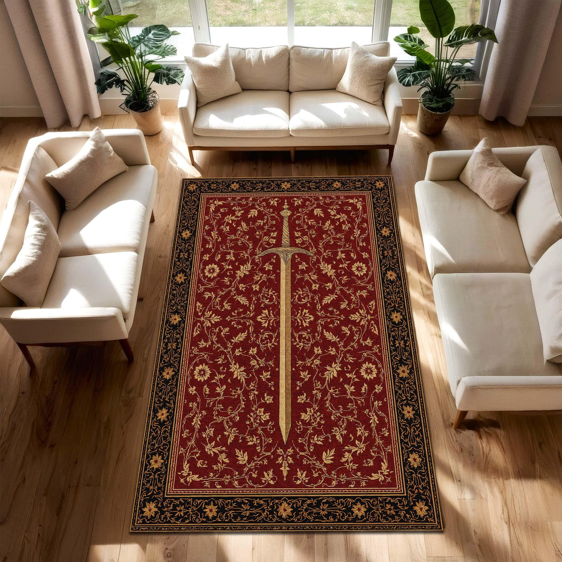Medieval Sword Area Rug, Red Floral Fantasy Carpet, Gothic Living Room Decor, Heroic Knight Themed Floor Mat, Fantasy Style Unique Gift