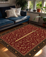 Medieval Sword Area Rug, Red Floral Fantasy Carpet, Gothic Living Room Decor, Heroic Knight Themed Floor Mat, Fantasy Style Unique Gift