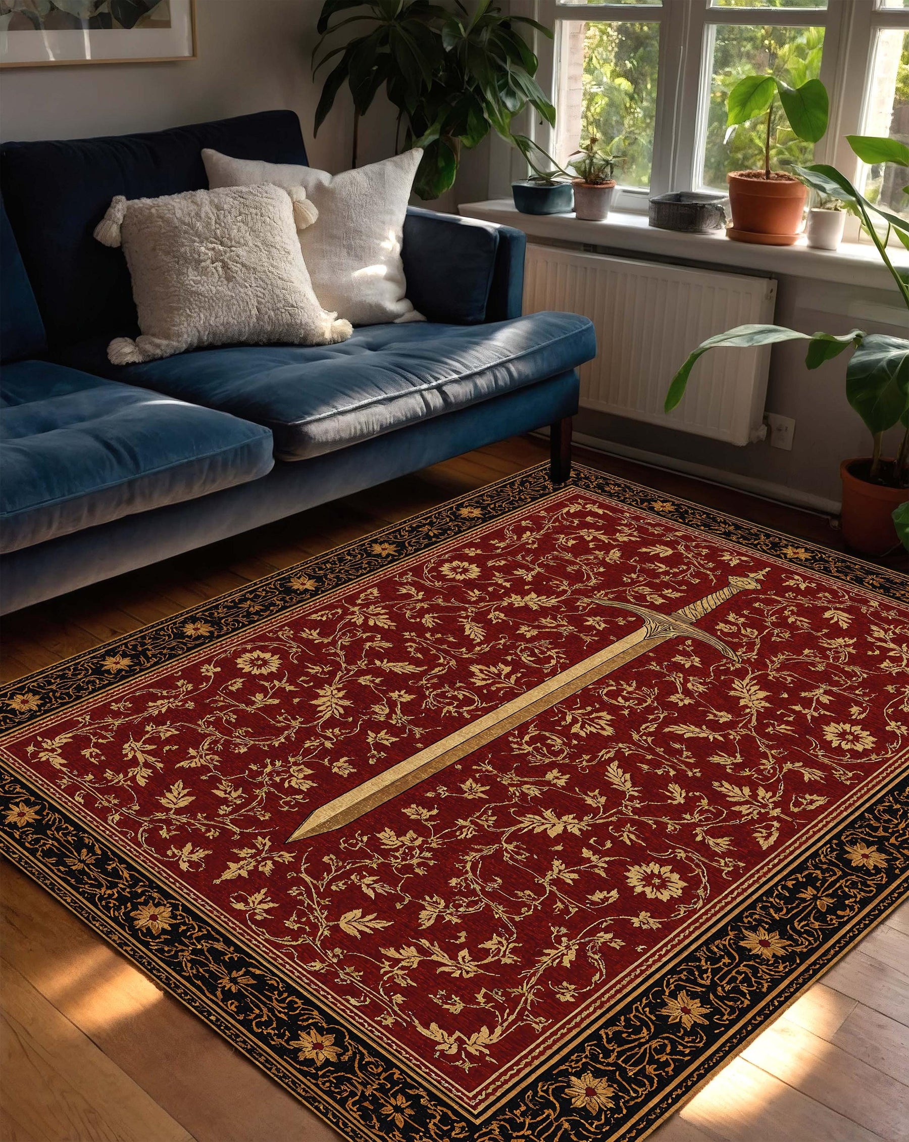 Medieval Sword Area Rug, Red Floral Fantasy Carpet, Gothic Living Room Decor, Heroic Knight Themed Floor Mat, Fantasy Style Unique Gift