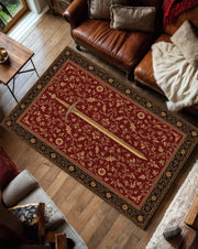 Medieval Sword Area Rug, Red Floral Fantasy Carpet, Gothic Living Room Decor, Heroic Knight Themed Floor Mat, Fantasy Style Unique Gift