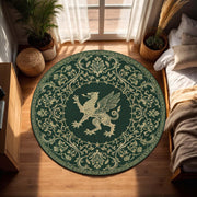Round Green Griffin Rug, Medieval Mythical Creature Carpet, Gold Ornamental Boho Area Mat for Living Room Decor, Fantasy Home Gift