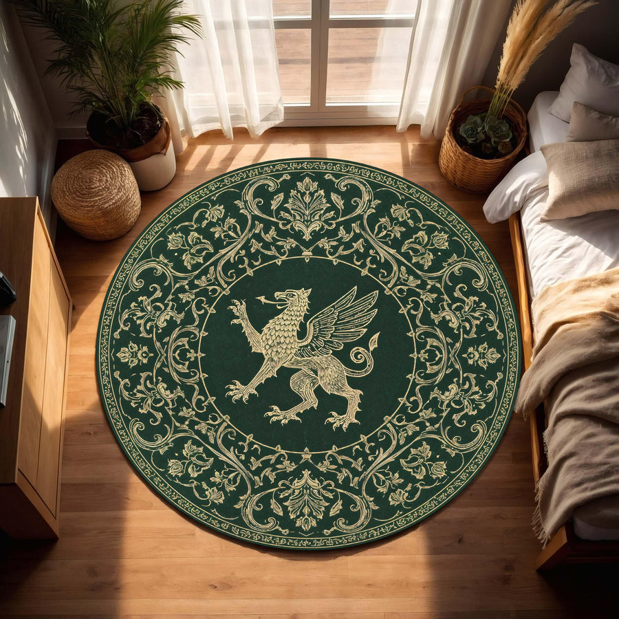 Round Green Griffin Rug, Medieval Mythical Creature Carpet, Gold Ornamental Boho Area Mat for Living Room Decor, Fantasy Home Gift
