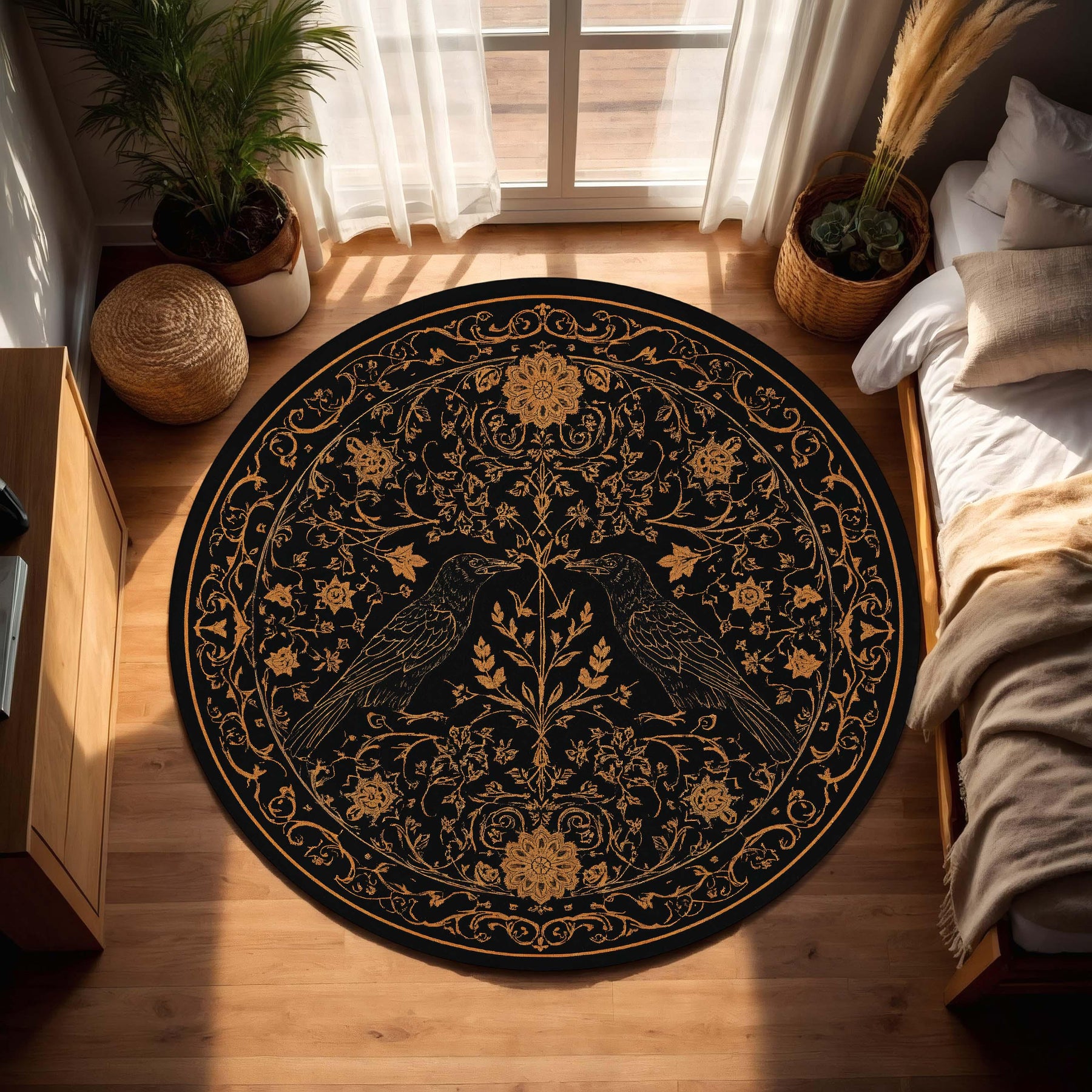 Round Black Raven Rug Gold Floral Carpet, Gothic Crow Area Rug, Boho Witchy Living Room Decor, Mystical Occult Floor Mat for Home Decor