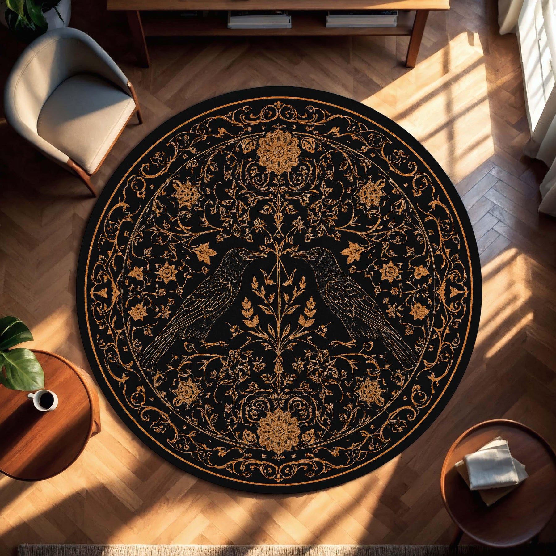 Round Black Raven Rug Gold Floral Carpet, Gothic Crow Area Rug, Boho Witchy Living Room Decor, Mystical Occult Floor Mat for Home Decor