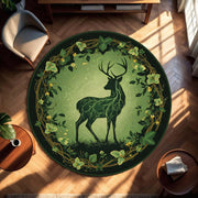 Round Green Forest Deer Rug, Nature Stag Area Carpet, Botanical Circle Mat for Living Room, Boho Cottagecore Woodland Decor Style Rug