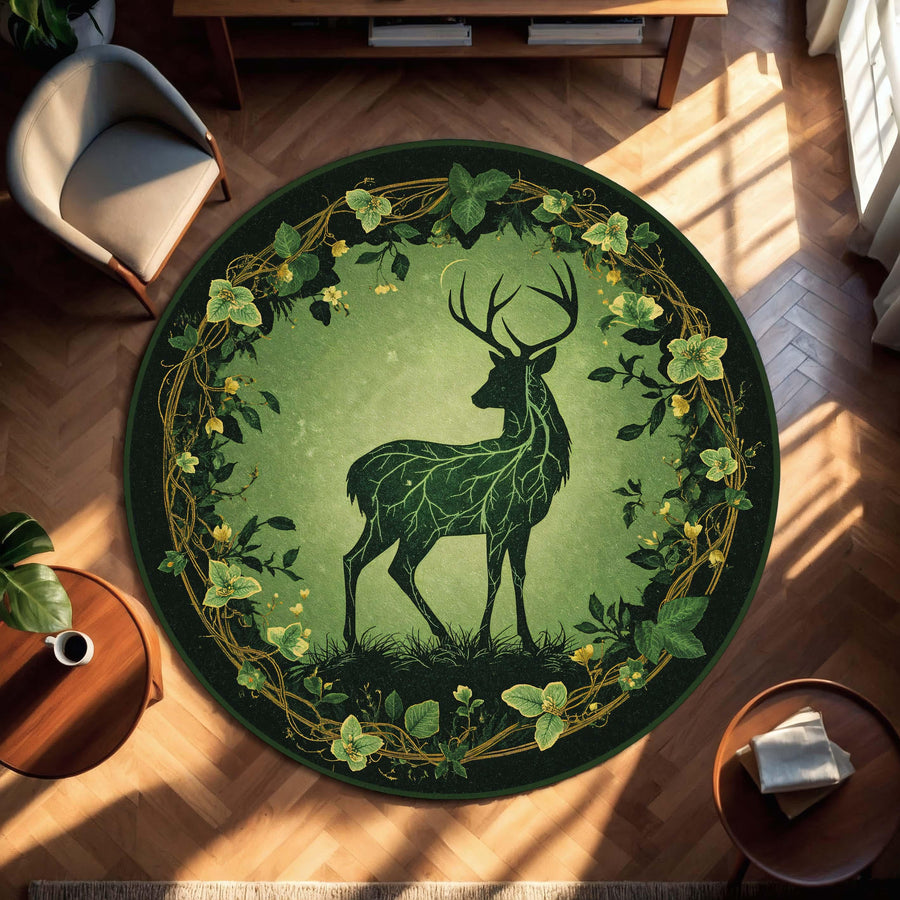 Round Green Forest Deer Rug, Nature Stag Area Carpet, Botanical Circle Mat for Living Room, Boho Cottagecore Woodland Decor Style Rug