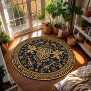 Round Medieval Heraldic Rug Navy Gold Griffin Crest Carpet, Gothic Royal Fantasy Circle Area Rug, Living Room Antique Style Decor Accent