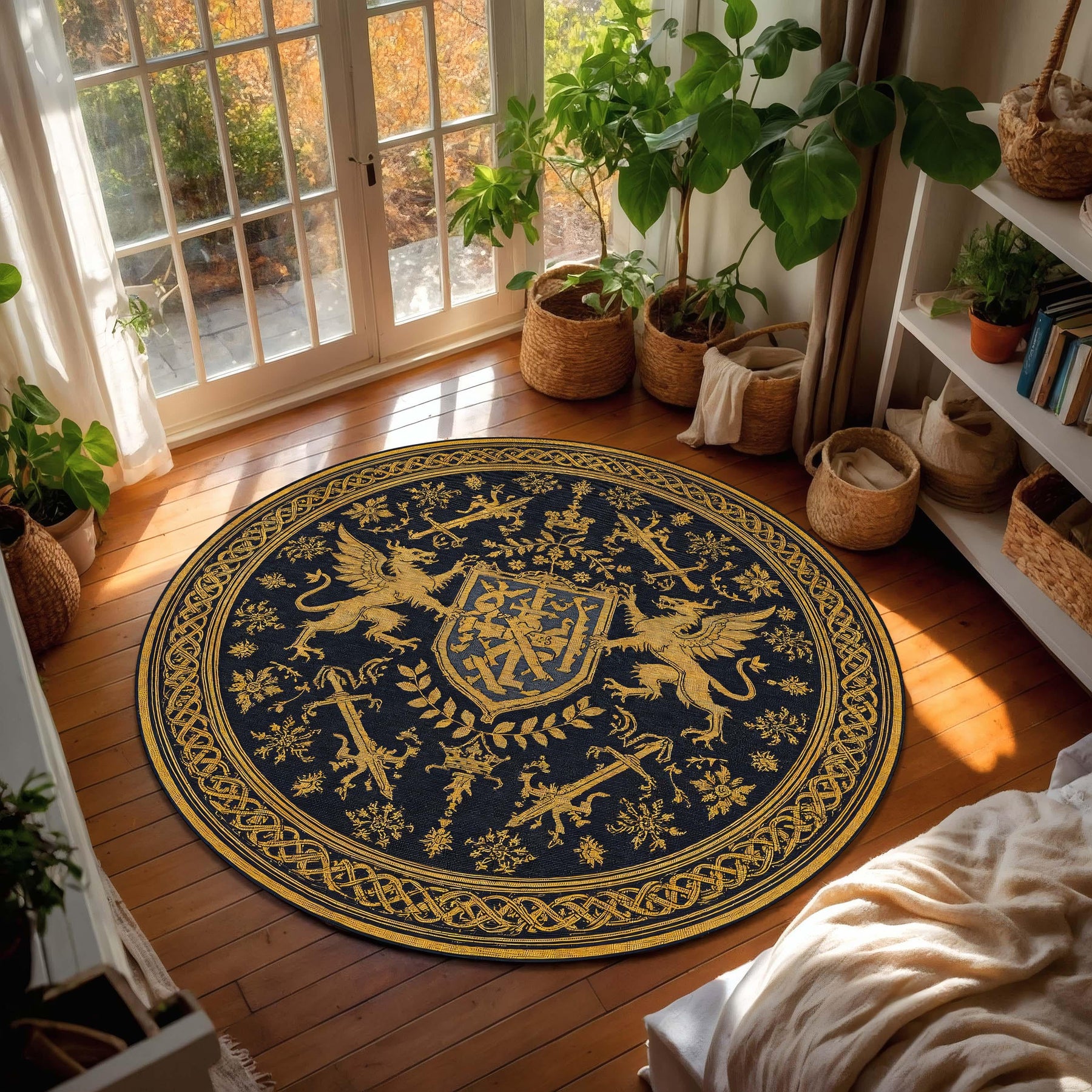 Round Medieval Heraldic Rug Navy Gold Griffin Crest Carpet, Gothic Royal Fantasy Circle Area Rug, Living Room Antique Style Decor Accent