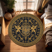 Round Medieval Heraldic Rug Navy Gold Griffin Crest Carpet, Gothic Royal Fantasy Circle Area Rug, Living Room Antique Style Decor Accent