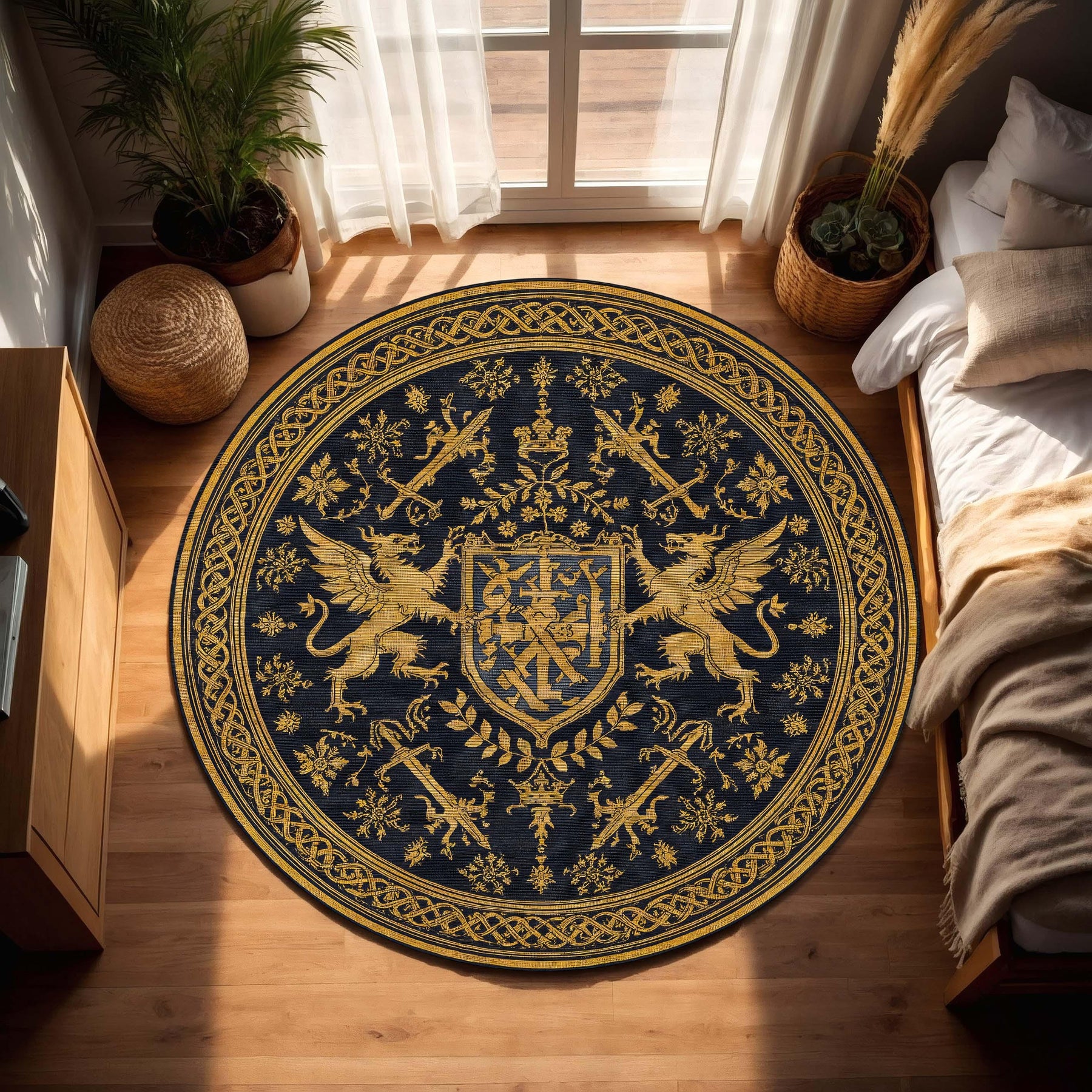 Round Medieval Heraldic Rug Navy Gold Griffin Crest Carpet, Gothic Royal Fantasy Circle Area Rug, Living Room Antique Style Decor Accent