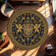 Round Medieval Heraldic Rug Navy Gold Griffin Crest Carpet, Gothic Royal Fantasy Circle Area Rug, Living Room Antique Style Decor Accent