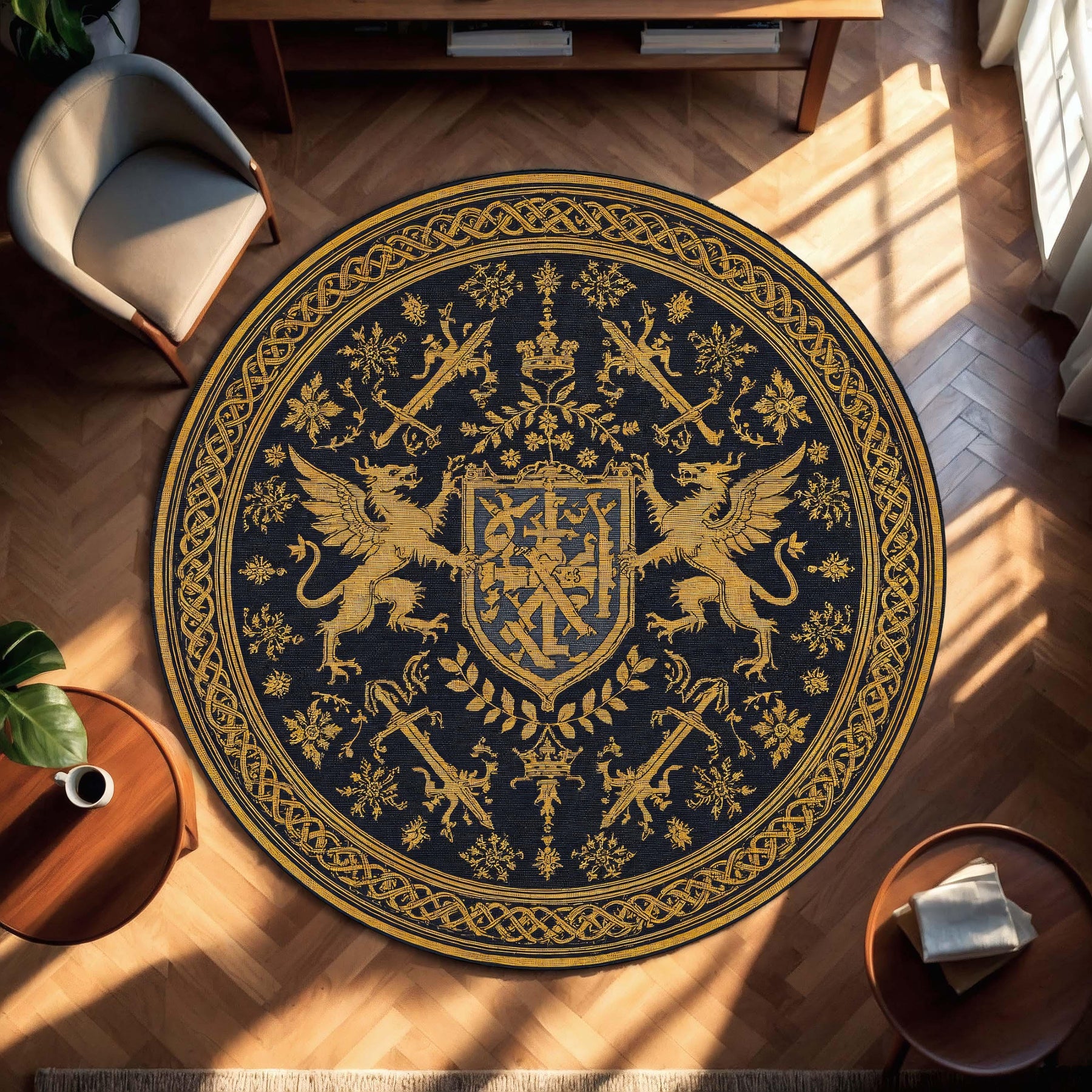 Round Medieval Heraldic Rug Navy Gold Griffin Crest Carpet, Gothic Royal Fantasy Circle Area Rug, Living Room Antique Style Decor Accent
