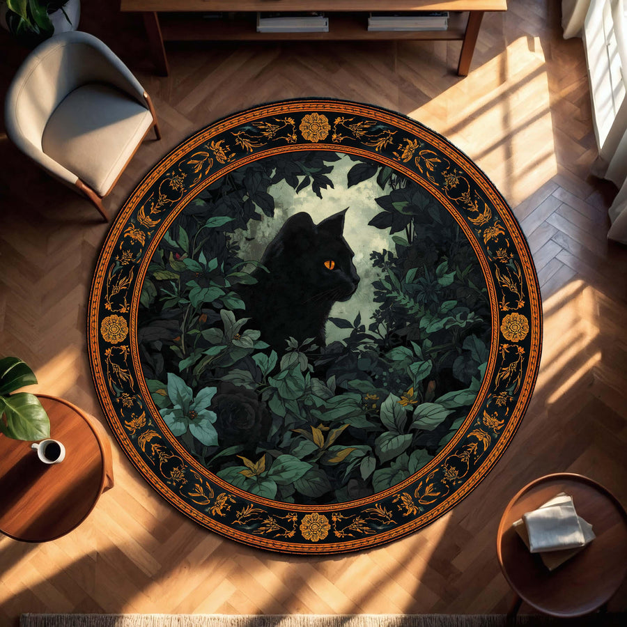 Gothic Black Cat Round Rug, Dark Botanical Forest Floor Mat, Vintage Floral Border Carpet, Witchy Halloween Home Decor Gift for Cat Lovers