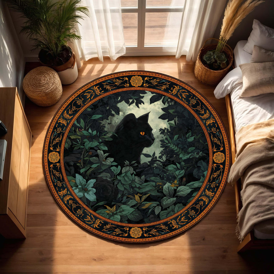 Gothic Black Cat Round Rug, Dark Botanical Forest Floor Mat, Vintage Floral Border Carpet, Witchy Halloween Home Decor Gift for Cat Lovers