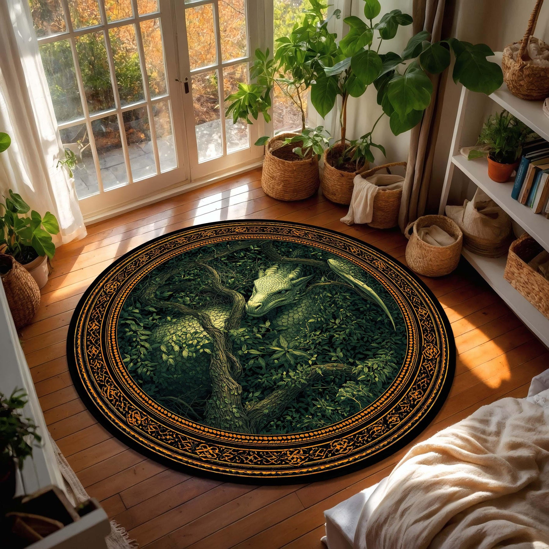Emerald Forest Dragon Round Rug, Celtic Knot Border Area Carpet, Fantasy Botanical Floor Mat for Living Room, Gamer Room Decor Gift