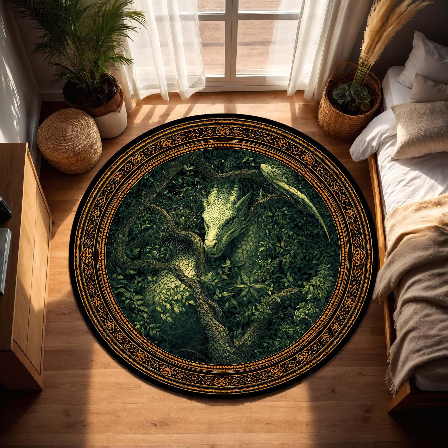 Emerald Forest Dragon Round Rug, Celtic Knot Border Area Carpet, Fantasy Botanical Floor Mat for Living Room, Gamer Room Decor Gift