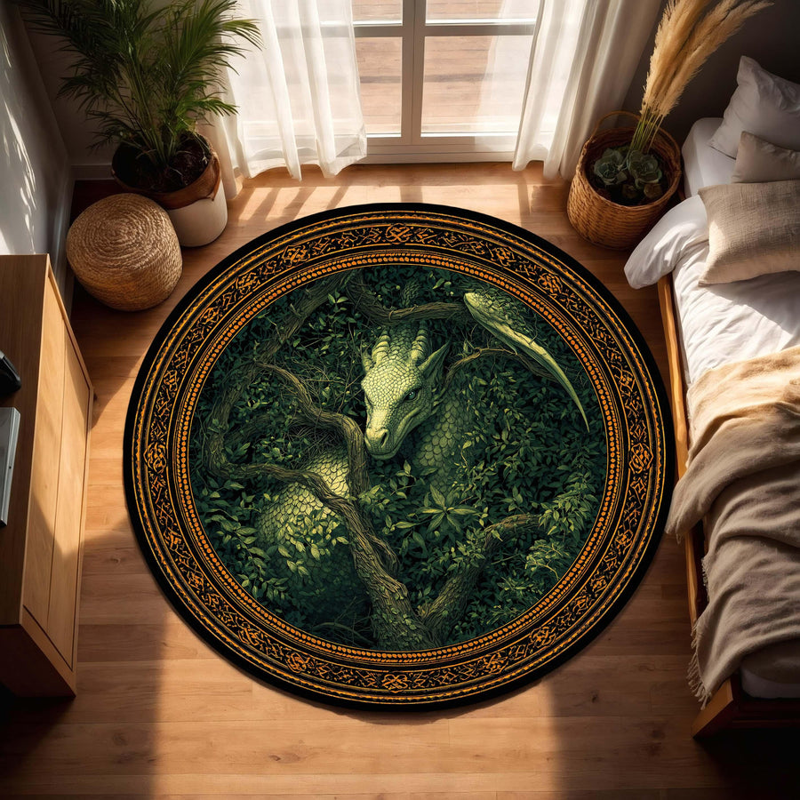 Emerald Forest Dragon Round Rug, Celtic Knot Border Area Carpet, Fantasy Botanical Floor Mat for Living Room, Gamer Room Decor Gift