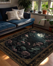 Dark Floral Gothic Area Rug, Vintage Rose Botanical Carpet, Black & Gold Border Floor Mat for Living Room Bedroom Hallway Home Decor