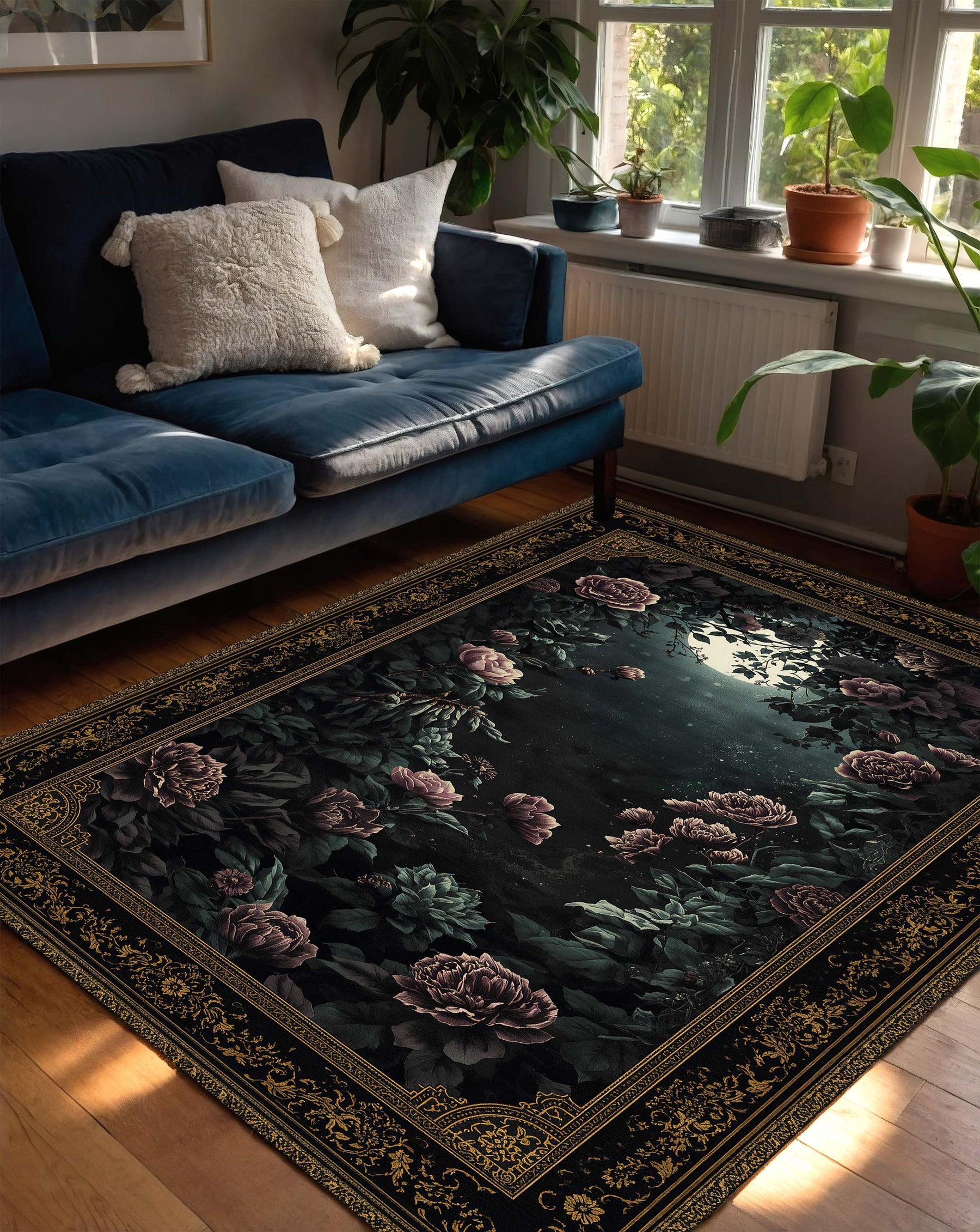 Dark Floral Gothic Area Rug, Vintage Rose Botanical Carpet, Black & Gold Border Floor Mat for Living Room Bedroom Hallway Home Decor