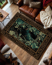 Black Cat Botanical Rug, Dark Emerald Floral Vintage Border Area Rug, Gothic Cottagecore Home Decor, Cat Lover Gift for Living Room
