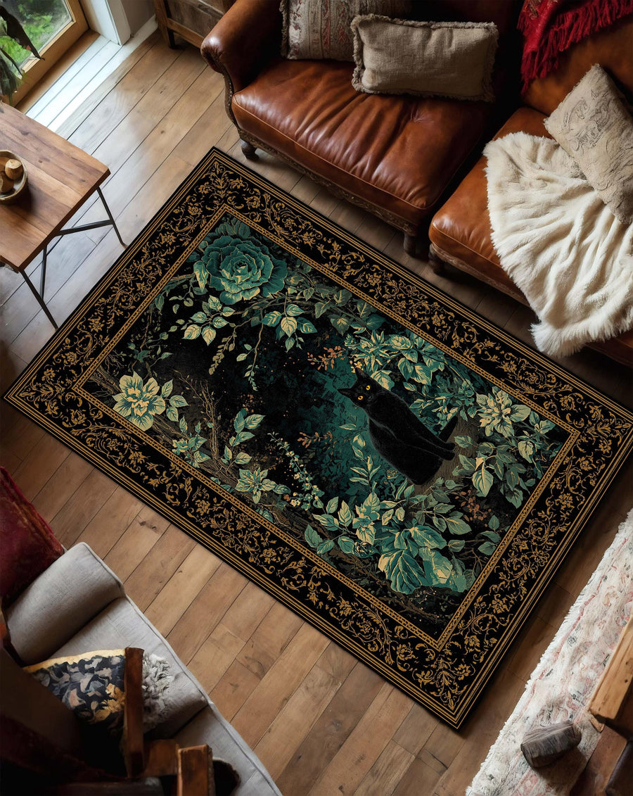 Black Cat Botanical Rug, Dark Emerald Floral Vintage Border Area Rug, Gothic Cottagecore Home Decor, Cat Lover Gift for Living Room