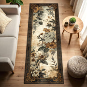 Vintage Floral Runner Rug, Botanical Rose Garden Hallway Carpet, Beige Black Gold Border, Boho Cottage Decor, Washable Floor Mat, Non Slip