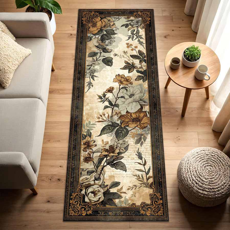 Vintage Floral Runner Rug, Botanical Rose Garden Hallway Carpet, Beige Black Gold Border, Boho Cottage Decor, Washable Floor Mat, Non Slip
