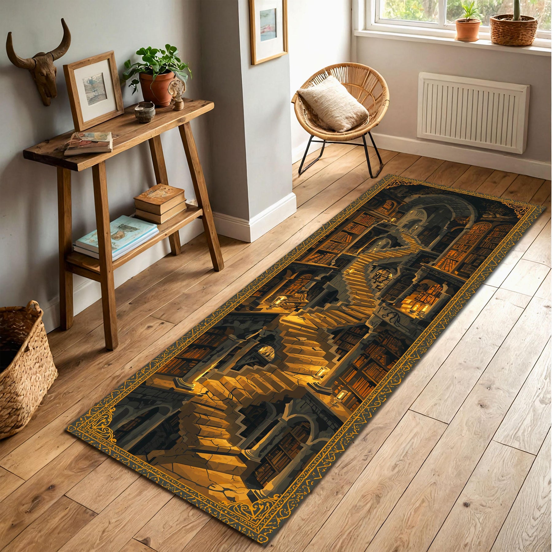 Fantasy Library Staircase Long Runner Rug, Dark Academia Hallway Carpet, Gothic Bookshop Decor, Candlelit Wizard Tower Mat, Entryway Gift