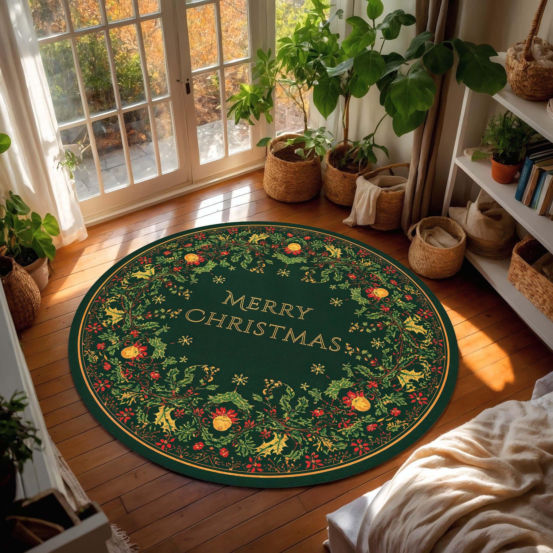 Round Merry Christmas Rug Green Holiday Area Mat, Festive Wreath Border Carpet for Living Room, Cozy Xmas Floor Decor, Circular Accent