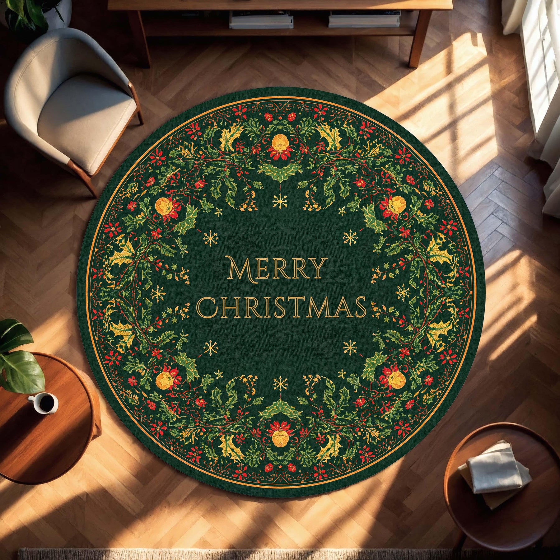 Round Merry Christmas Rug Green Holiday Area Mat, Festive Wreath Border Carpet for Living Room, Cozy Xmas Floor Decor, Circular Accent