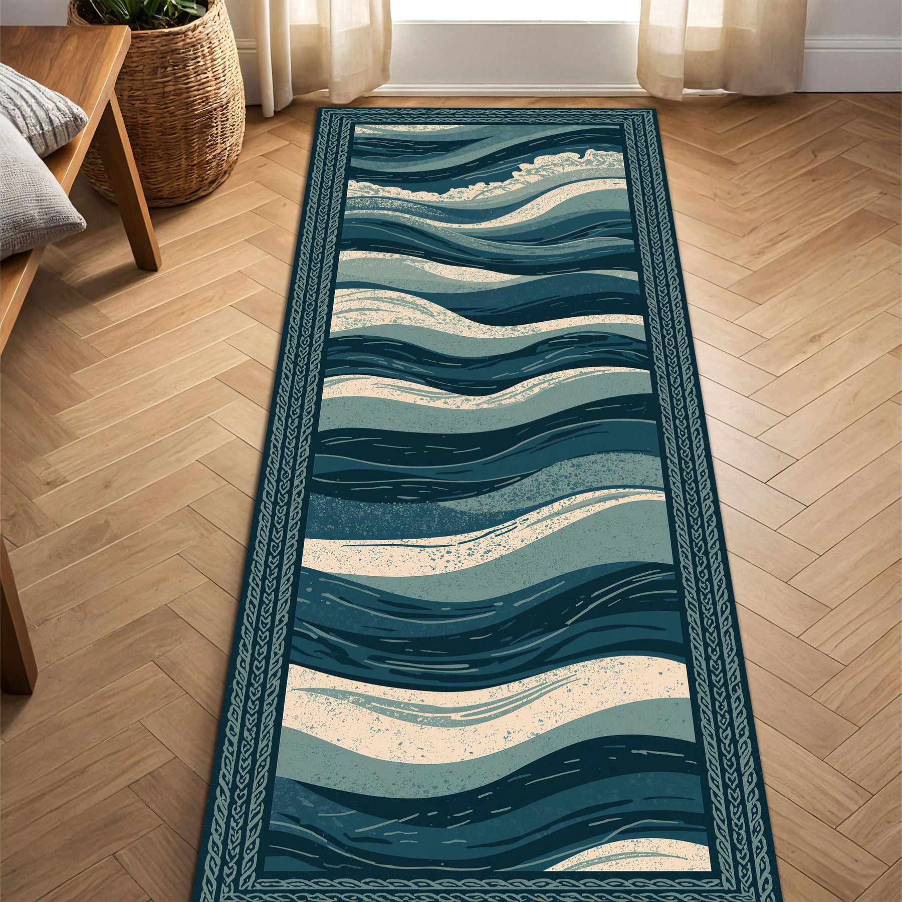 Ocean Waves Runner Rug, Coastal Blue Teal Hallway Carpet, Nautical Sea Pattern Floor Mat, Modern Beach House Decor, Boho Style Long Runner