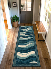 Ocean Waves Runner Rug, Coastal Blue Teal Hallway Carpet, Nautical Sea Pattern Floor Mat, Modern Beach House Decor, Boho Style Long Runner