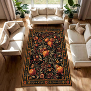 Pomegranate Botanical Area Rug, Dark Navy Vintage Fruit Pattern, Autumn Floral Runner Carpet for Living Room, Boho Farmhouse Decor
