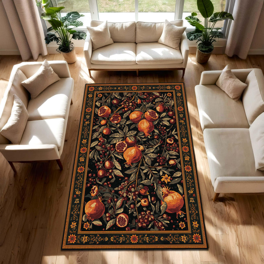 Pomegranate Botanical Area Rug, Dark Navy Vintage Fruit Pattern, Autumn Floral Runner Carpet for Living Room, Boho Farmhouse Decor