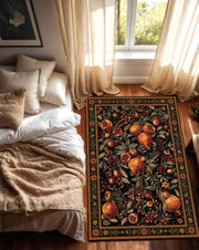 Pomegranate Botanical Area Rug, Dark Navy Vintage Fruit Pattern, Autumn Floral Runner Carpet for Living Room, Boho Farmhouse Decor