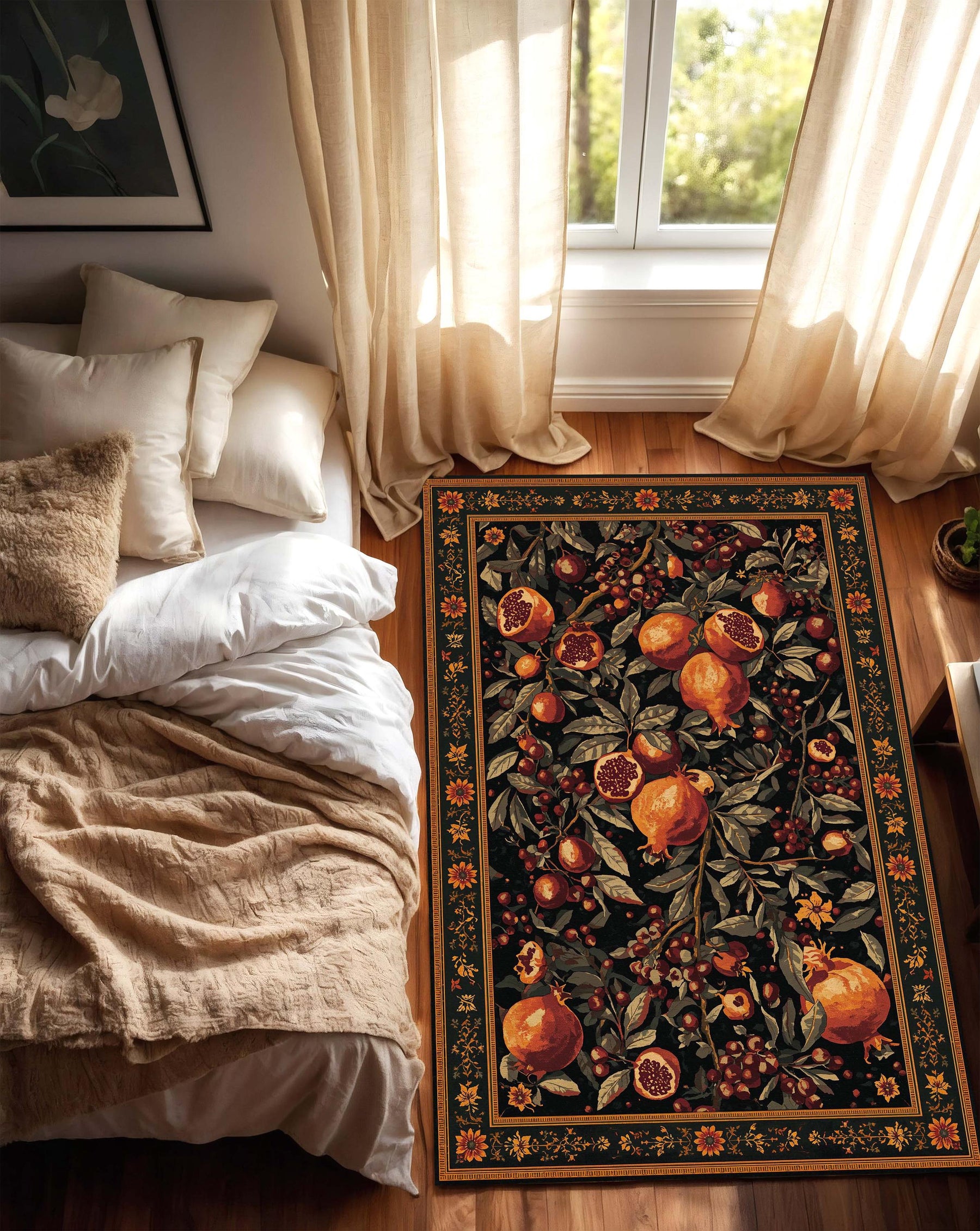 Pomegranate Botanical Area Rug, Dark Navy Vintage Fruit Pattern, Autumn Floral Runner Carpet for Living Room, Boho Farmhouse Decor